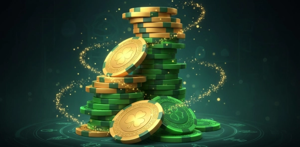 Jeetcity Casino-Motiv mit goldenen Münzen und hohen Geldstapeln
